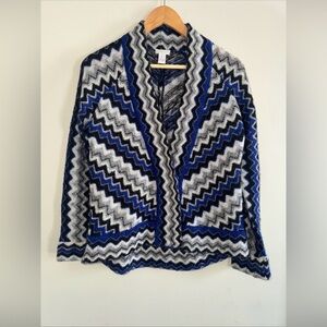 Chicos wool blend chevron zig zag knit black blue white cardigan sweater Sz 1 M
